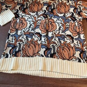 Anthropologie Cream and Orange Crew Neck Sweater with Autumnal Pattern